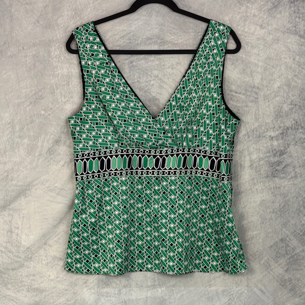 Tahari Womens Kelly Green Geometric Print V Neck Sleeveless Satin Tank Top sz L